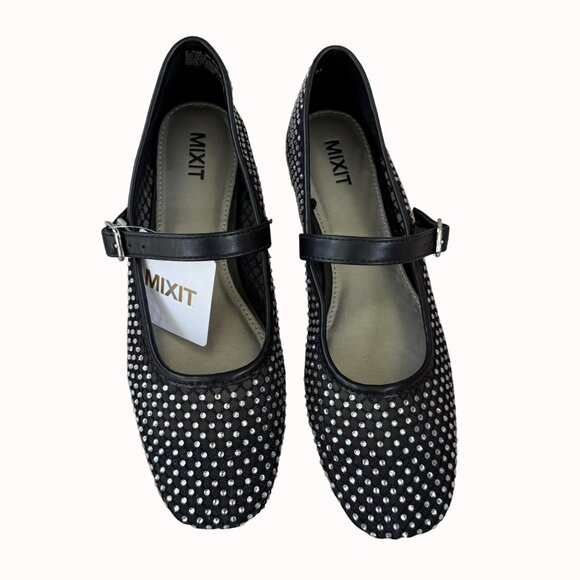 Mixit Mary Jane Ballet Flats Sz 7.5 Shoes Dazzling Stud Rhinestones Square Toe - Picture 6 of 15